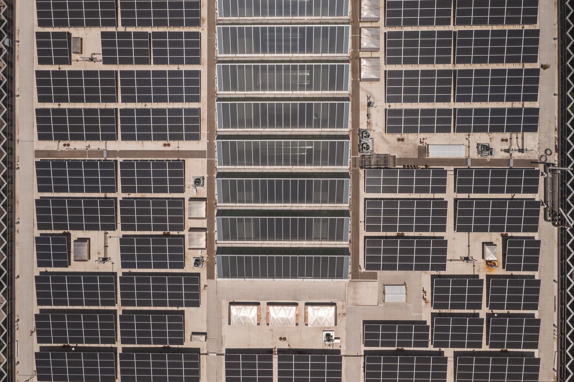 A rooftop array on an office building, seen from directly above